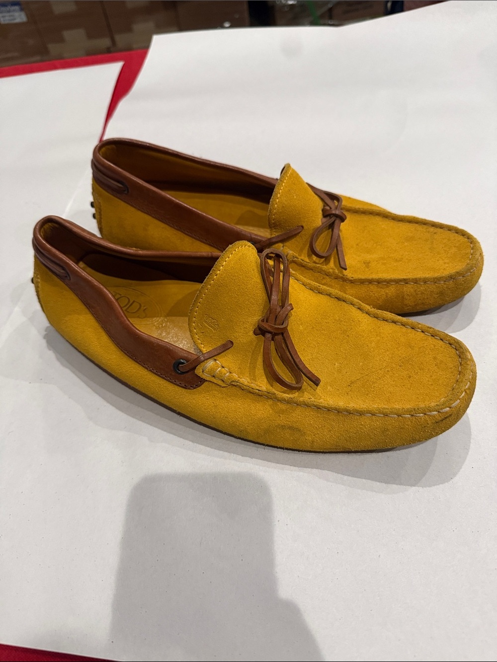 Tod's Yellow Suede Driving Loafers with Brown Trim